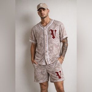 Rebel Vengeance Mens Shirt Short Set Beige Paisley AOP Jersey Mesh Sz M